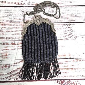 Antique Art Deco Silk Bag Iridescent Blue Beaded Victorian 20's Flapper Purse